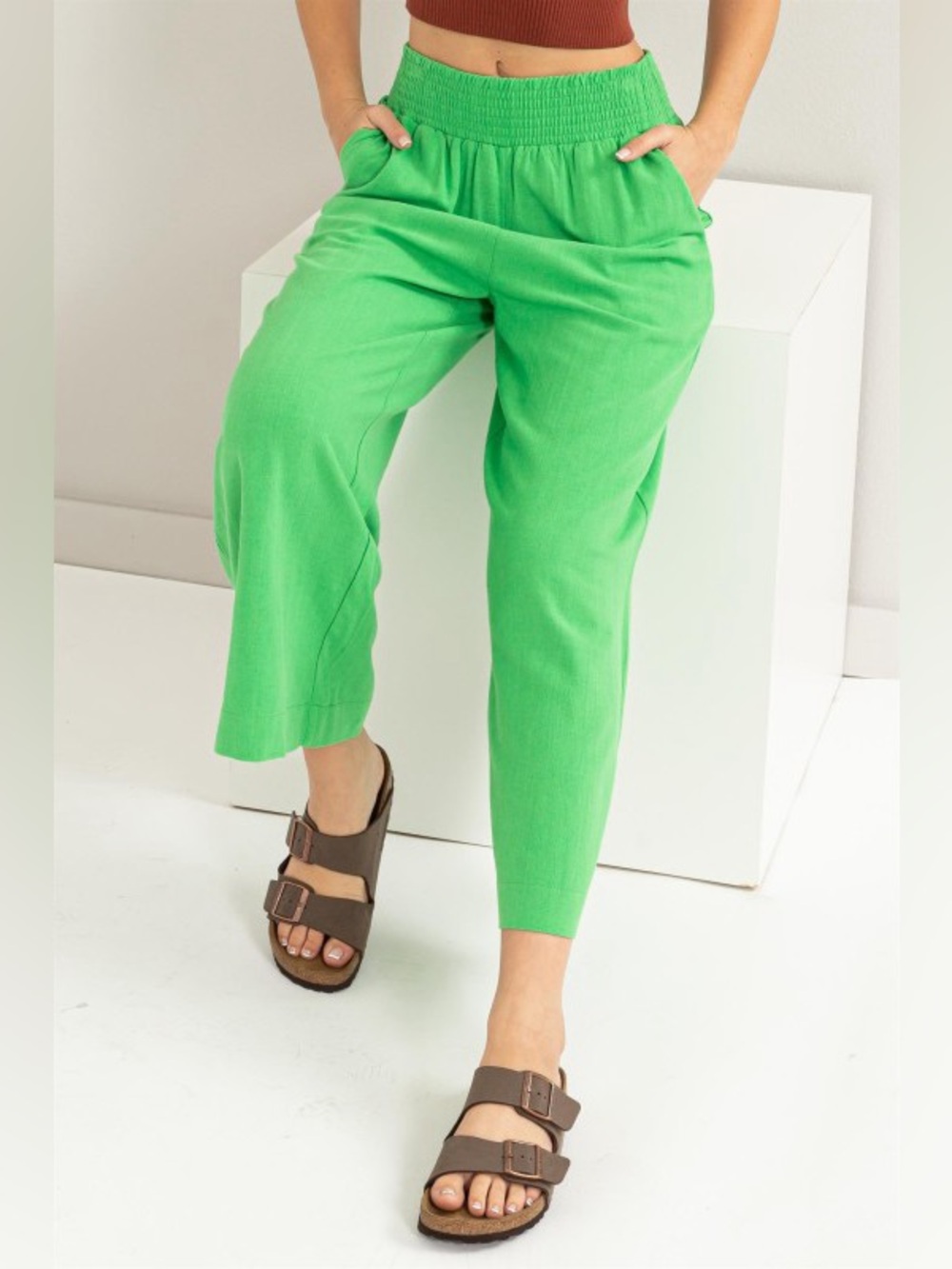 Linen Blend Wide Leg Pants High Rise Smocked Waist Kelly Green L - Picture 3 of 6